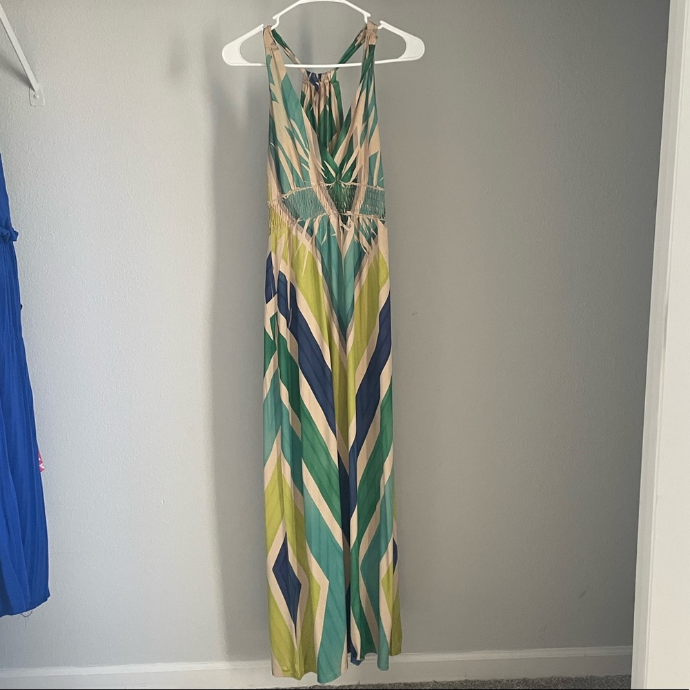 Blue, green, and tan dress